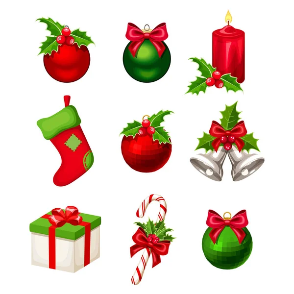 Set di decorazioni natalizie rosse e verdi. Illustrazione vettoriale . — Vettoriale Stock