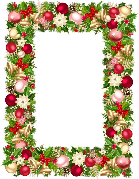 Moldura de Natal com ramos de abeto, bolas, sinos, azevinho, poinsettia e cones. Ilustração vetorial . —  Vetores de Stock