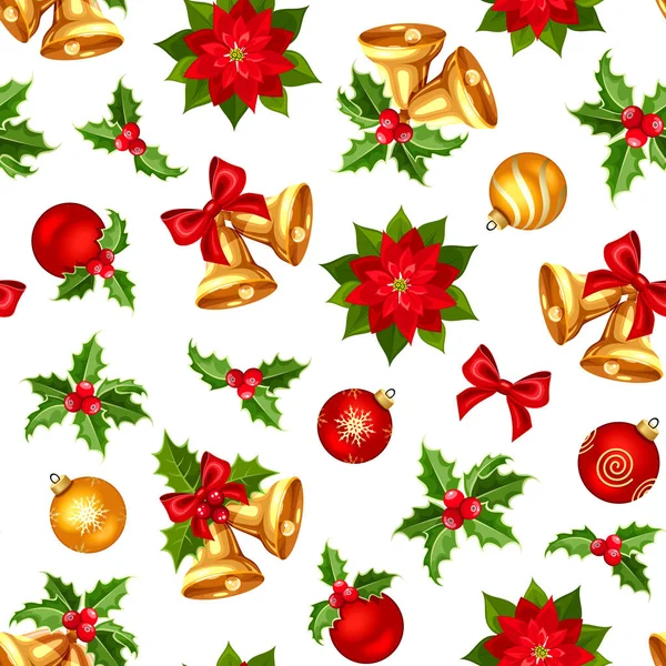 Seamless background with red and gold Christmas decorations. Vector illustration. — Stock Vector
