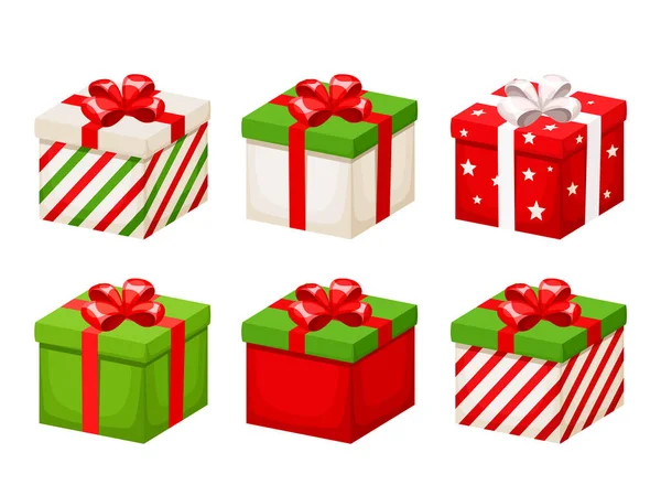 Piros és a zöld karácsony ajándék dobozok halmaza. Vektoros illusztráció. — Stock Vector