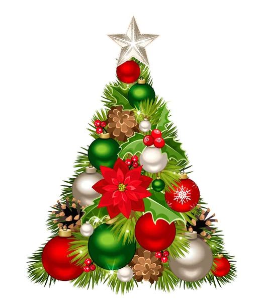 Kerstboom met rode, groene en zilveren versieringen. Vectorillustratie. — Stockvector