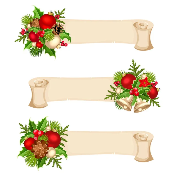 Christmas banners with red, silver and green balls, fir-tree branches, holly and cones. Vector illustration. — Stock Vector