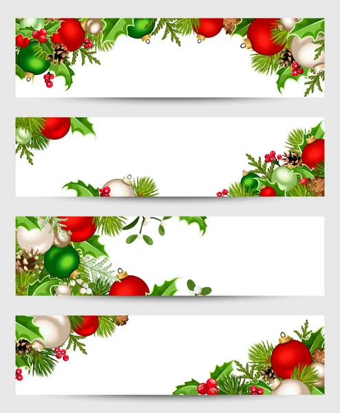 Banderas vectoriales con decoraciones navideñas rojas, plateadas y verdes . — Archivo Imágenes Vectoriales