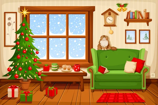 Christmas room interior. Vector illustration. — Stock Vector