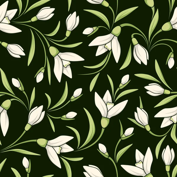 スノー ドロップの白い花を持つシームレス パターン。ベクトル図. — ストックベクタ