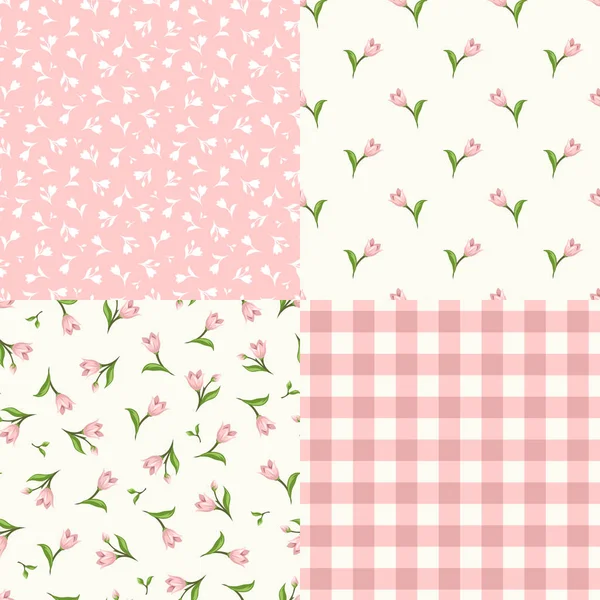 Set of seamless floral pink and white patterns. Vector illustration. — Stock Vector