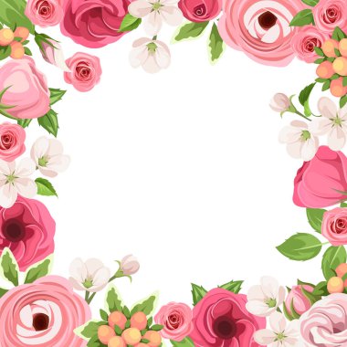 Kırmızı ve pembe çiçekli çerçeve. Vektör çizim.