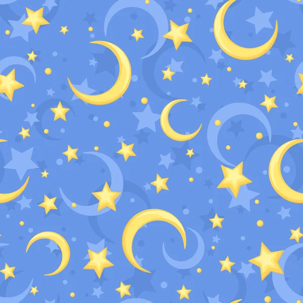 Vector seamless pattern with yellow stars and crescents on blue. — Stock Vector