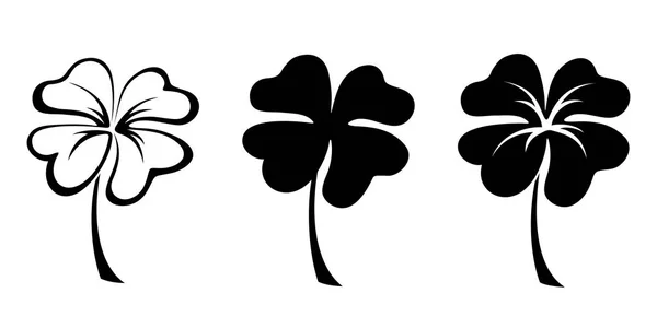 Набор из трех черных силуэтов из четырех листьев клевера. Векторная иллюстрация . — стоковый вектор