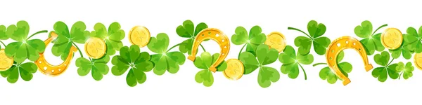 St. Patrick je den vektor horizontální bezešvé pozadí s shamrock, mince a podkovy. — Stockový vektor