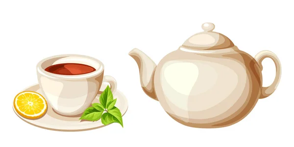 Cup of tea and teapot. Vector illustration. — Stock Vector