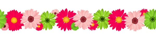 Horizontale nahtlose Hintergrund mit rosa und grünen Gerbera-Blüten. Vektorillustration. — Stockvektor