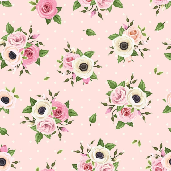 Sömlös mönster med rosa rosor, lisianthus och anemone blommor. Vektor illustration. — Stock vektor