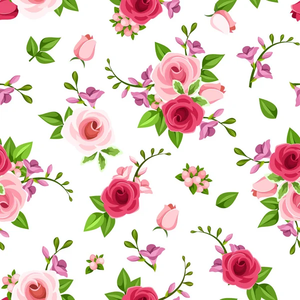 Vector seamless pattern with roses and freesia flowers. — Stock Vector