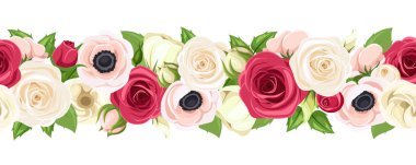 Kırmızı, pembe ve beyaz çiçekler ile yatay sorunsuz garland. Vektör çizim.