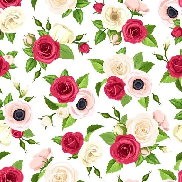 Modello senza cuciture con fiori rossi, rosa e bianchi. Illustrazione vettoriale . — Vettoriale Stock