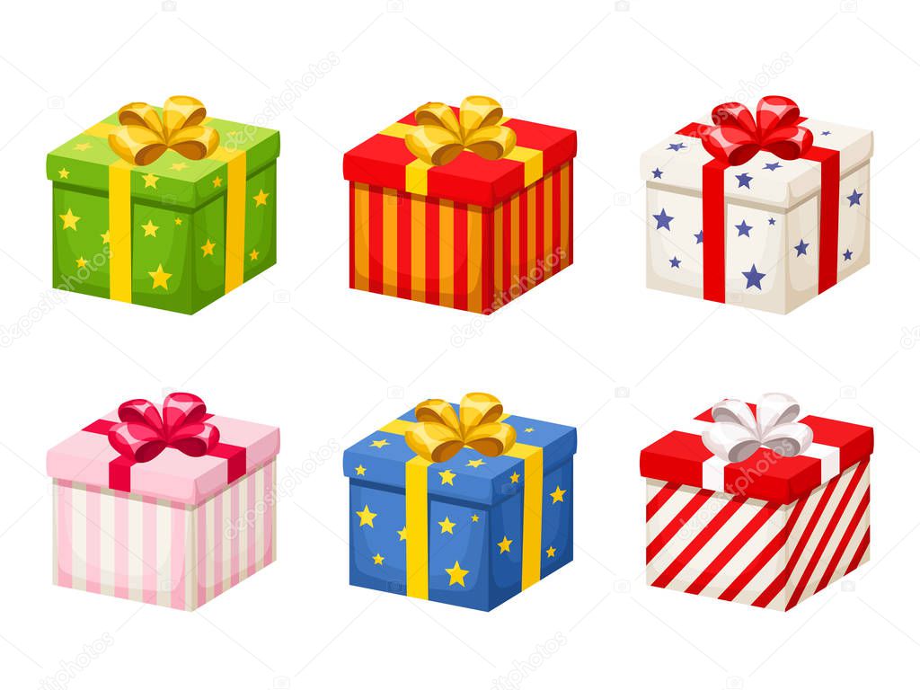 Set of colorful gift boxes with bows. Vector illustration.