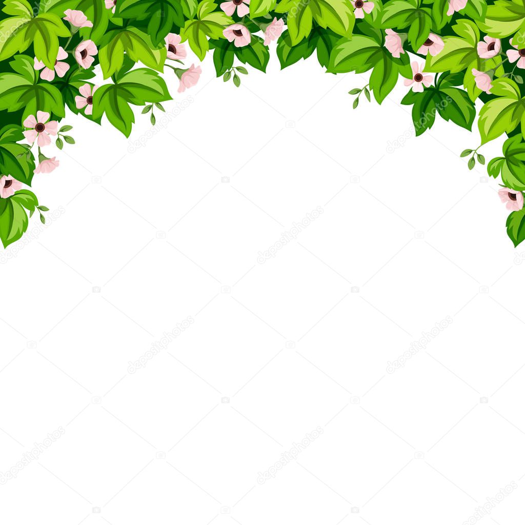Vector background with green leaves and pink flowers.