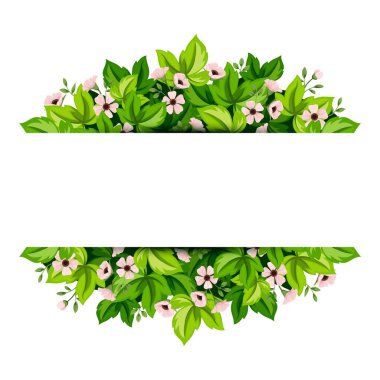 Yeşil yaprakları ve pembe çiçekler ile banner. Vektör arka plan.