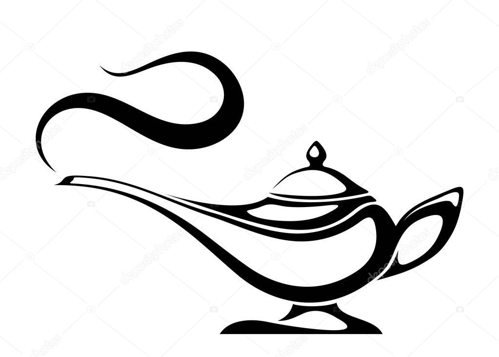 Vector black silhouette of an Arabic genie lamp isolated on a white background.