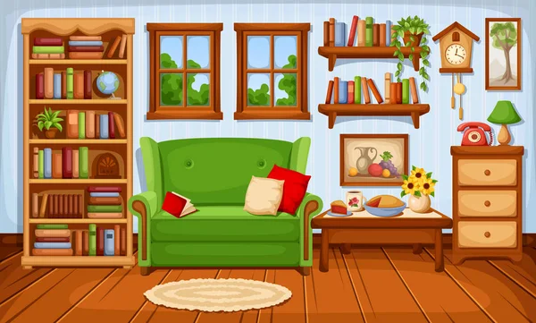 Acogedor salón interior. Ilustración vectorial . — Vector de stock