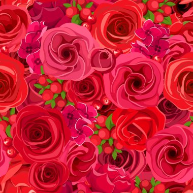 Seamless background with various red flowers. Vector illustration. clipart