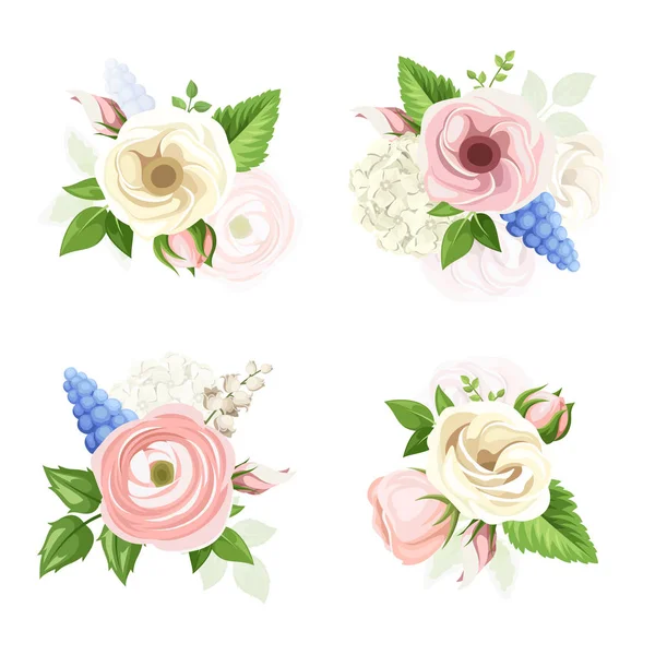 Conjunto vectorial de flores rosas, blancas y azules . — Vector de stock