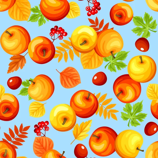 Fondo sin costuras con coloridas manzanas y hojas de otoño. Ilustración vectorial . — Archivo Imágenes Vectoriales