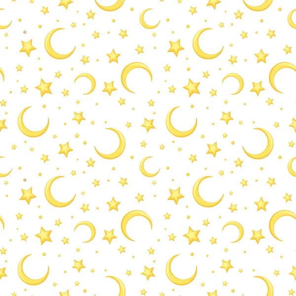 Vector seamless pattern with yellow stars and crescents on white. — Stock Vector