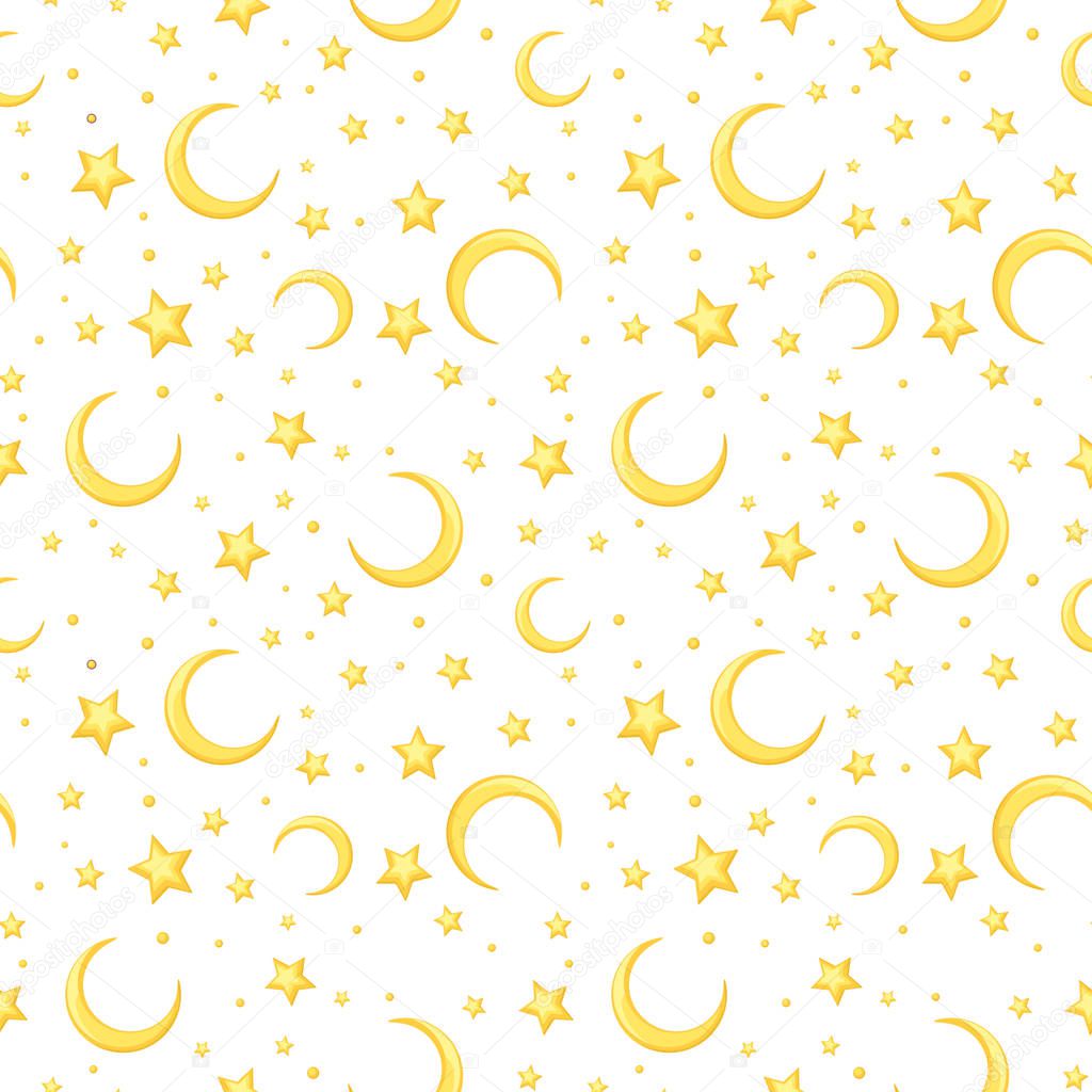 Vector seamless pattern with yellow stars and crescents on white.