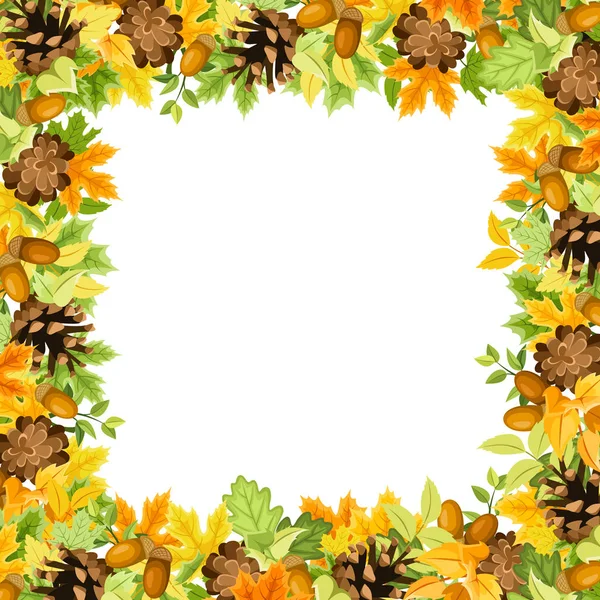 Frame background with autumn leaves, cones and acorns. Vector illustration. — Stock Vector