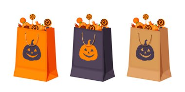 Halloween kağıt poşet şeker ile. Vektör çizim.