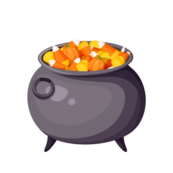 Caldero de dulces de Halloween en caldero de brujas. Ilustración vectorial . — Vector de stock