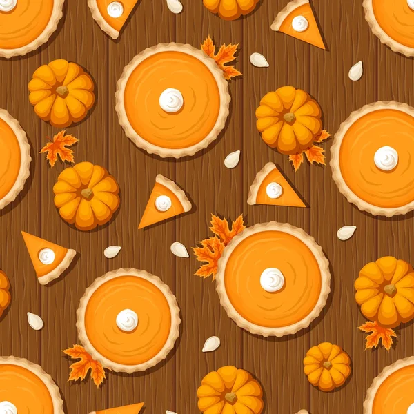 Modèle sans couture avec des tartes à la citrouille et des citrouilles sur un fond en bois. Illustration vectorielle . — Image vectorielle
