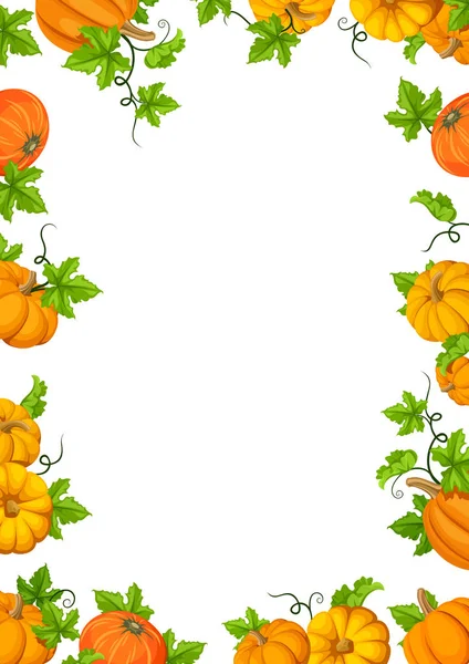 De achtergrond van het frame met oranje pompoenen en groene bladeren. Vectorillustratie. — Stockvector