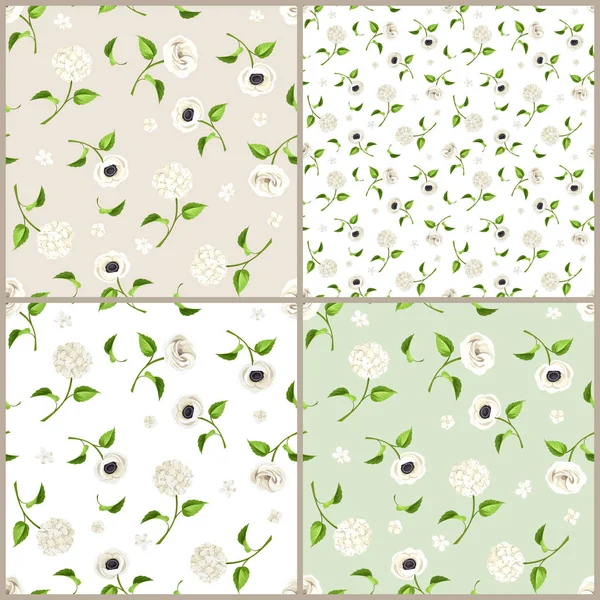 Uppsättning av vitt, beige och grön sömlös blommönster. Vektorillustration. — Stock vektor