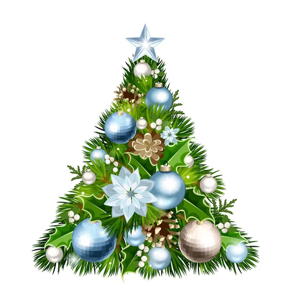 Kerstboom met blauwe en zilveren versieringen. Vectorillustratie. — Stockvector