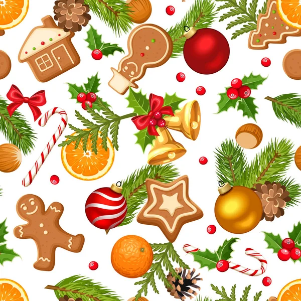 圣诞无缝背景与冷杉分行, 冬青, 球和甜点的白色背景. — 图库矢量图片