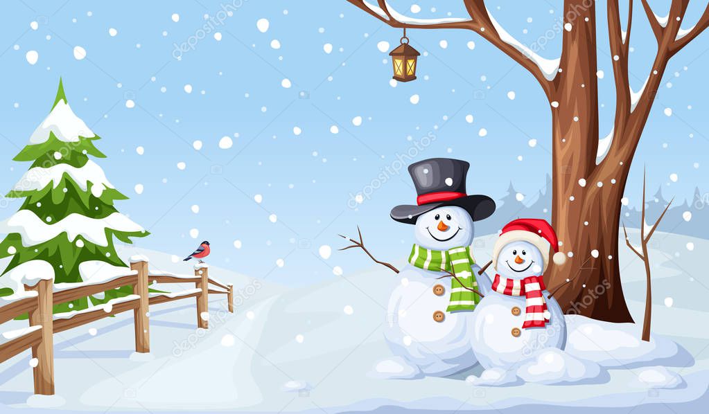 Winter Christmas landscape with snowmen. Vector illustration.
