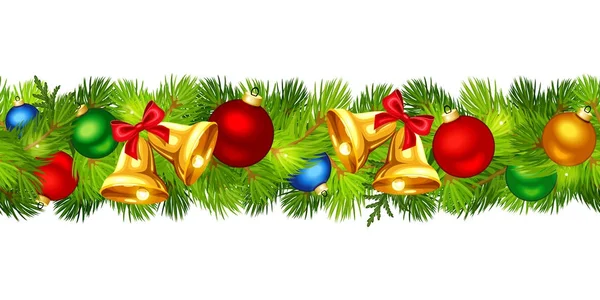 Guirnalda Sin Costura Horizontal Vectorial Navidad Con Ramas Abeto Bolas — Vector de stock