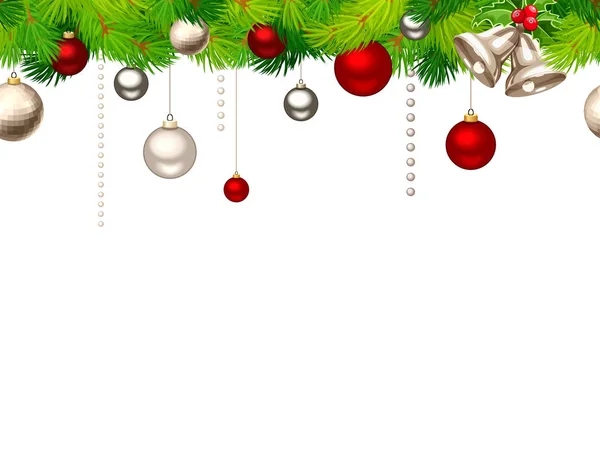 矢量圣诞水平无缝背景与红色和银色球和绿色冷杉分支 — 图库矢量图片