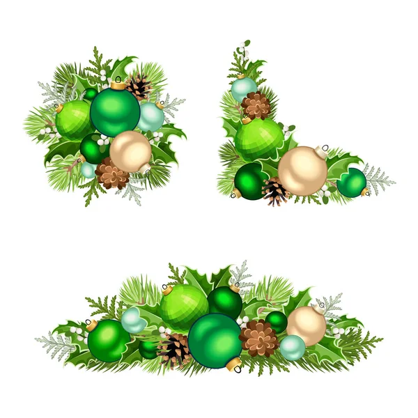 Векторный Набор Зеленых Рождественских Украшений Белом Фоне — стоковый вектор
