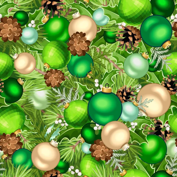 矢量圣诞节无缝背景与绿色球 冷杉树分支和锥体 — 图库矢量图片