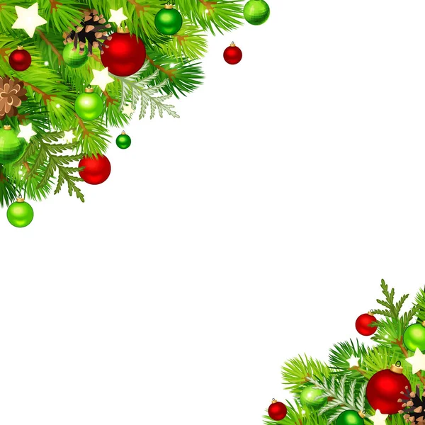 矢量圣诞节背景与冷杉分支 红色和绿色球 锥体和星 — 图库矢量图片