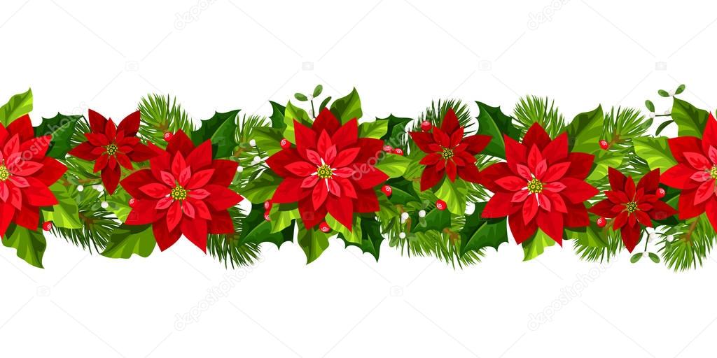 Vector Christmas horizontal seamless garland with red poinsettia flowers.