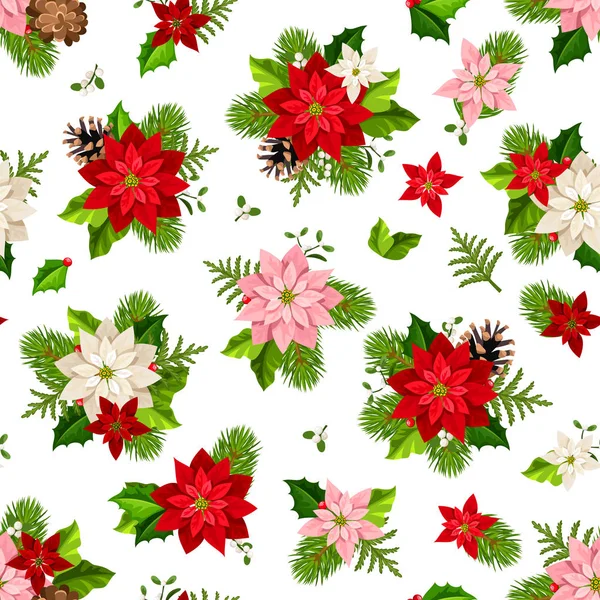 Vector Christmas Seamless Pattern Red Pink White Poinsettia Flowers Fir — Stock Vector