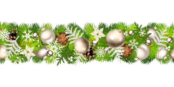 Vector Christmas Horizontal Seamless Garland Fir Branches Silver Balls Cones — Stock Vector