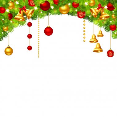 Yeşil çam dalları, kırmızı ve altın top, çan ve yıldız vektör Noel arka plan.