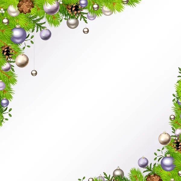 矢量圣诞背景绿色冷杉枝 银和紫色球和锥体 — 图库矢量图片