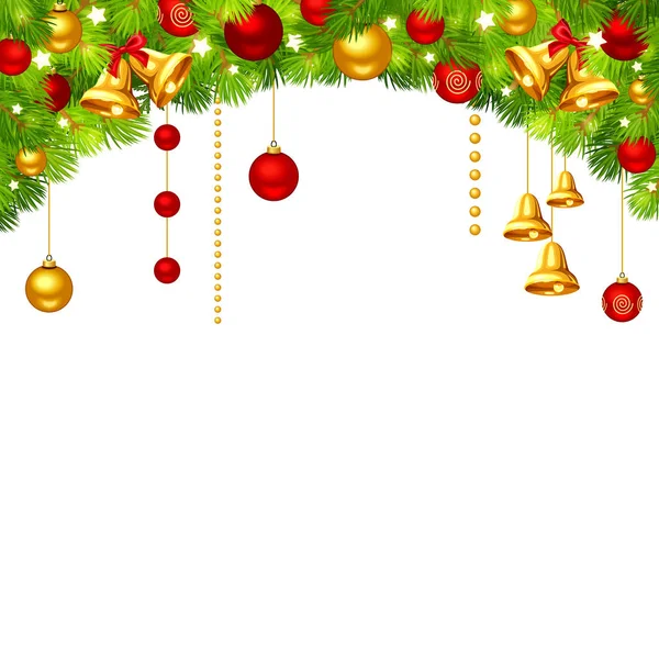 Вектор Різдвяний Фон Зеленими Ялиновими Гілками Червоними Золотими Кульками Дзвонами Стокова Ілюстрація